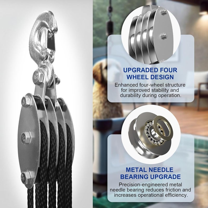 SALIFTFE Block and Tackle Pulley System, Upgraded 4-Wheel Rope Pulley Hoist with 2 Lift Sling Straps, 8:1 Lifting Power, 2200 lbs. WLL with 65Ft of 1/4” Rope, Compact Rope Hoist for Garage and Hunting - Image 3